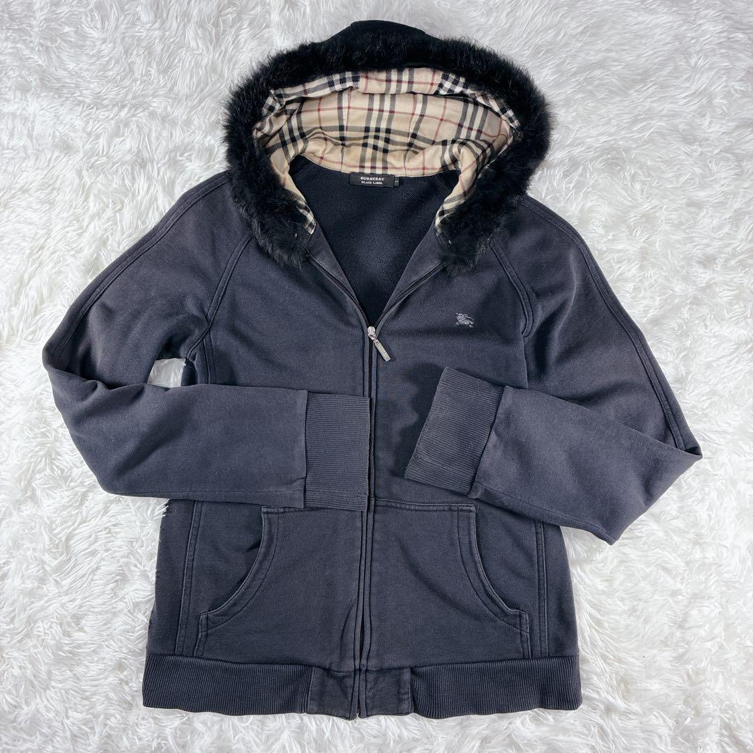 大人気 バーバリーブラックレーベル ラビットファー パーカー ノヴァチェック