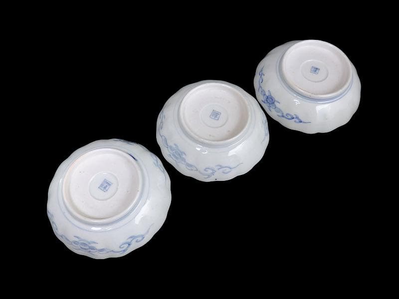 古伊万里　線描き　クルス紋に花の図　膾皿　３客　D505AS-CZp