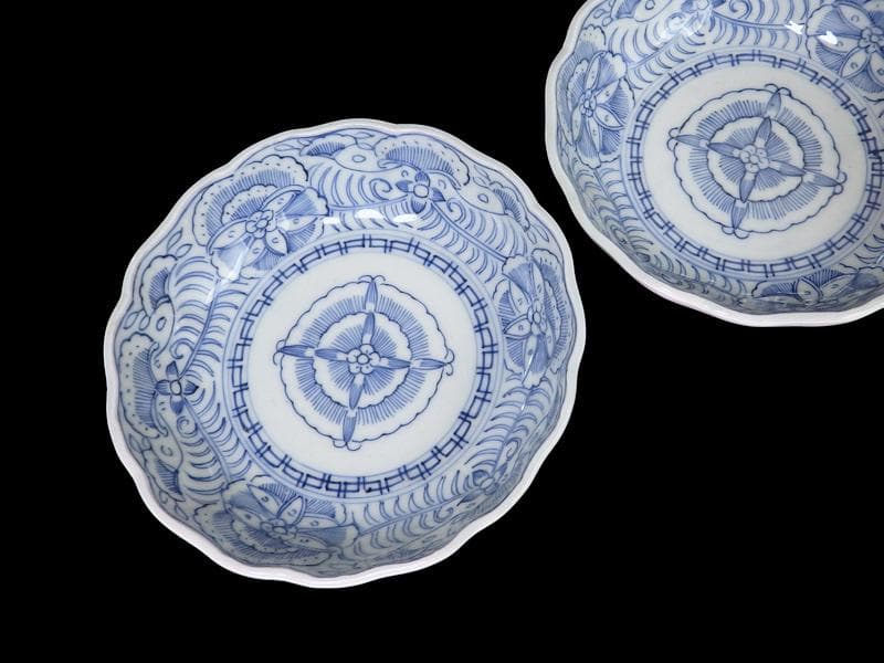 古伊万里　線描き　クルス紋に花の図　膾皿　３客　D505AS-CZp