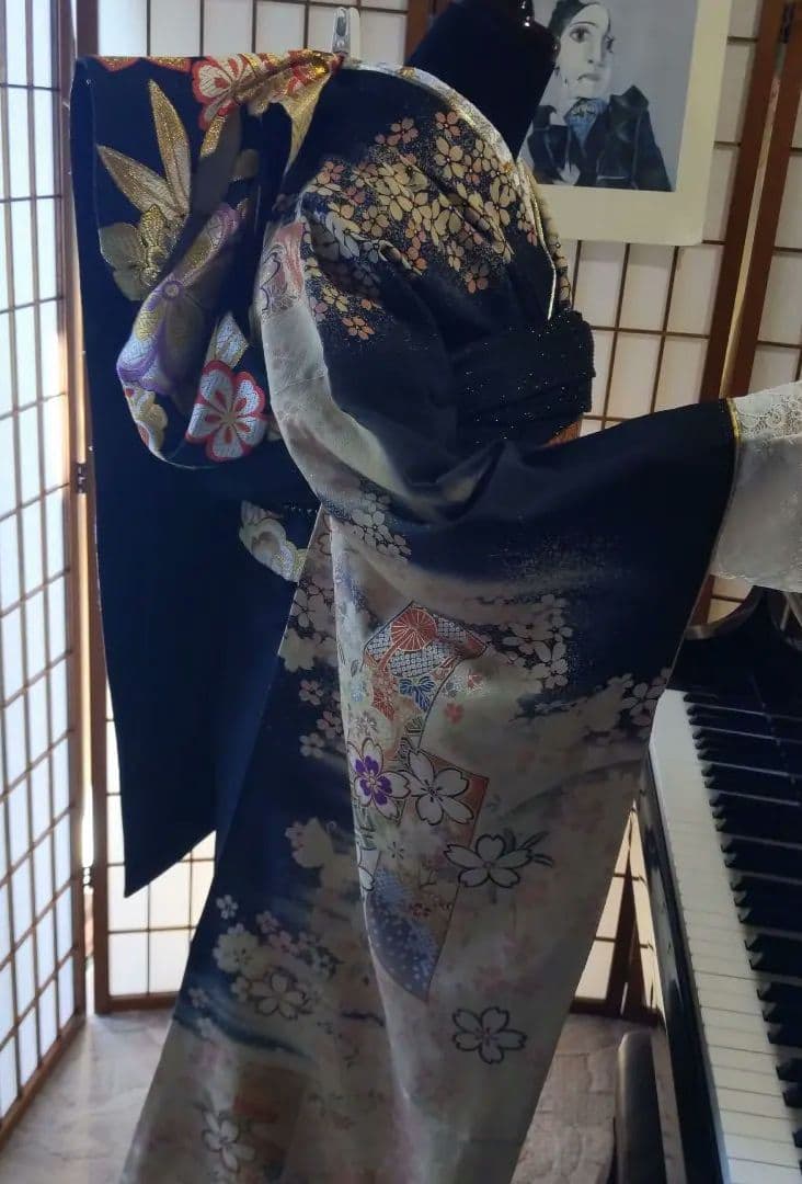 408黒　大正浪漫　夢二　桜　正絹振袖6点フルセット成人式卒業式結婚式