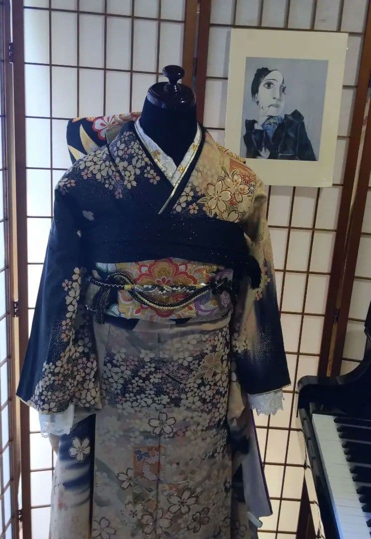 408黒　大正浪漫　夢二　桜　正絹振袖6点フルセット成人式卒業式結婚式