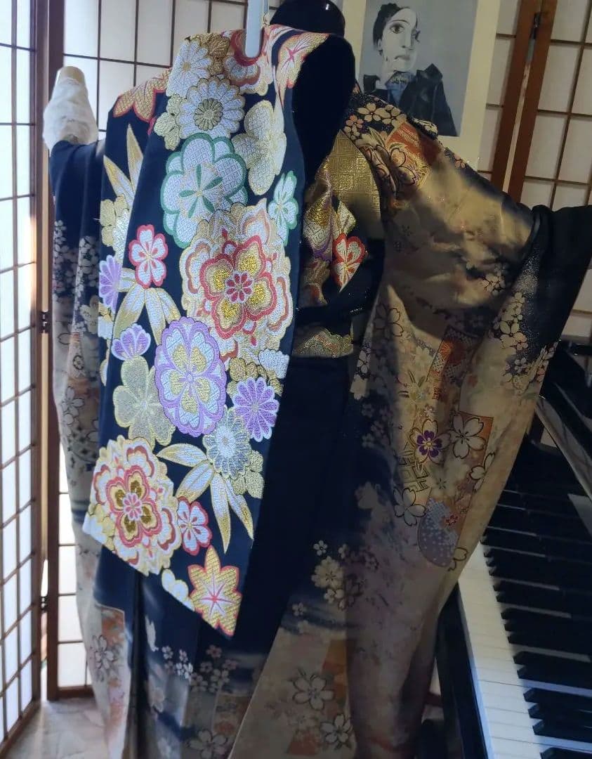 408黒　大正浪漫　夢二　桜　正絹振袖6点フルセット成人式卒業式結婚式