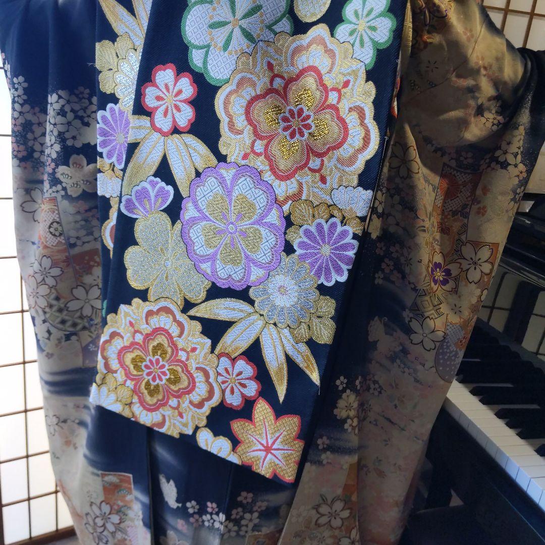 408黒　大正浪漫　夢二　桜　正絹振袖6点フルセット成人式卒業式結婚式