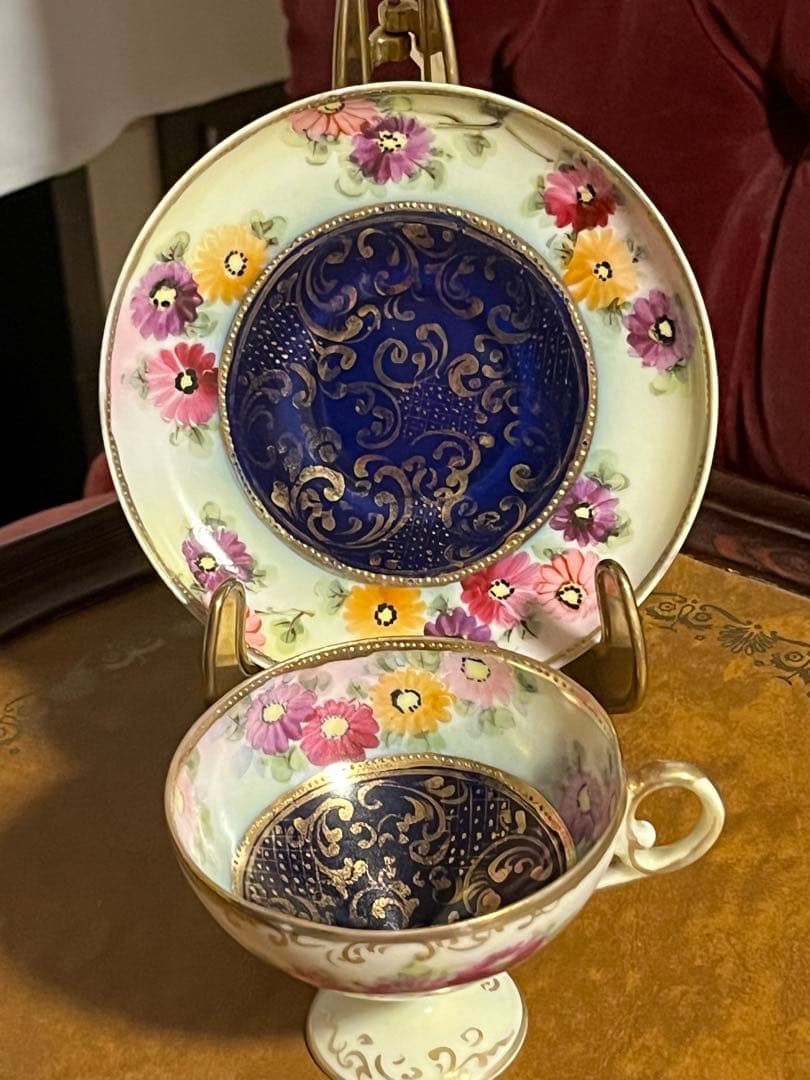 オールドノリタケ　金彩　総柄　高脚カップソーサー　花柄