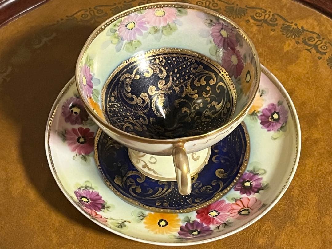 オールドノリタケ　金彩　総柄　高脚カップソーサー　花柄