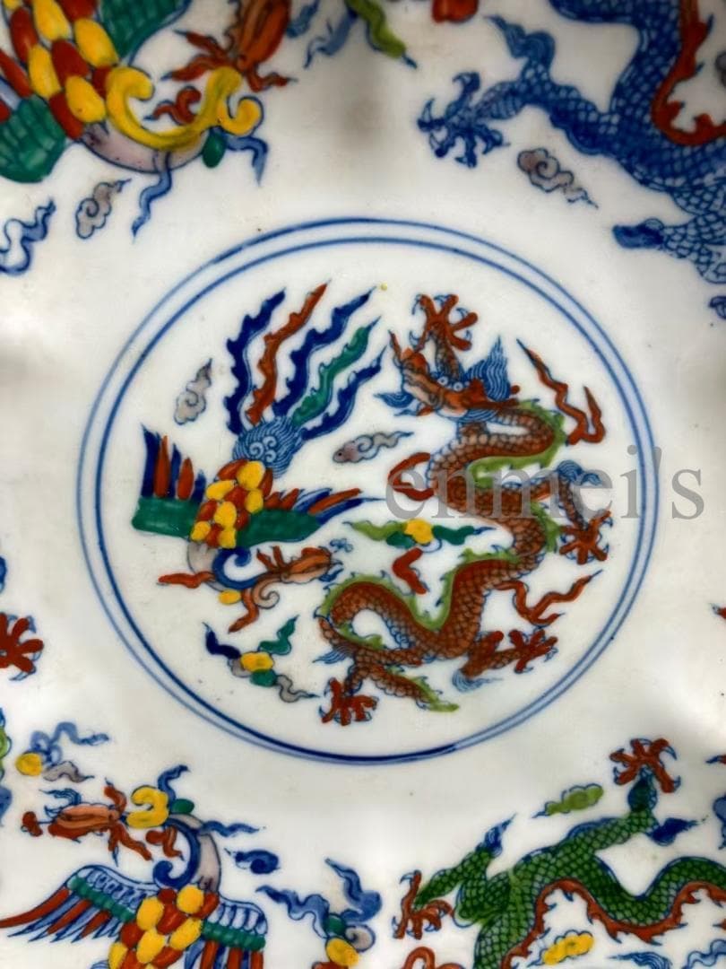 中国古美術・五彩絵花口皿・花形五彩龍鳳皿・純手作り・陶磁器・茶道具・飾皿