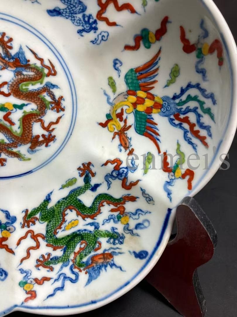 中国古美術・五彩絵花口皿・花形五彩龍鳳皿・純手作り・陶磁器・茶道具・飾皿