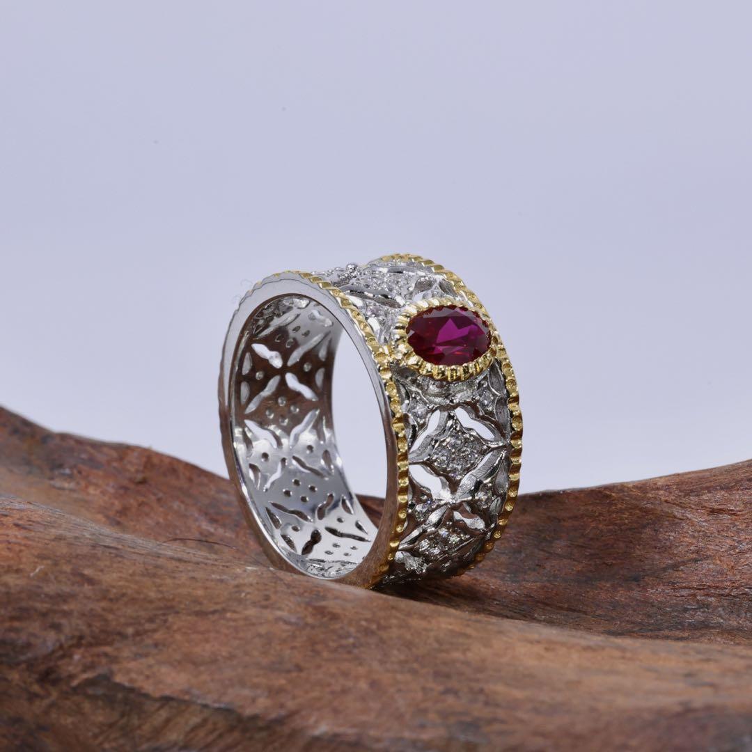 【けいこ様】ラボグロウン・ルビー 彫金ワイドリング／クラシックアンティーク