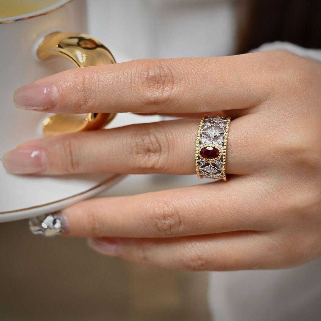 【けいこ様】ラボグロウン・ルビー 彫金ワイドリング／クラシックアンティーク