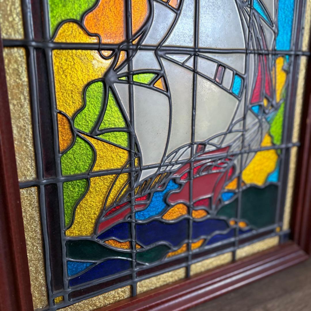 ニューステンドグラスパネル　帆船　ヨット　ヴィンテージ 額装　現状品