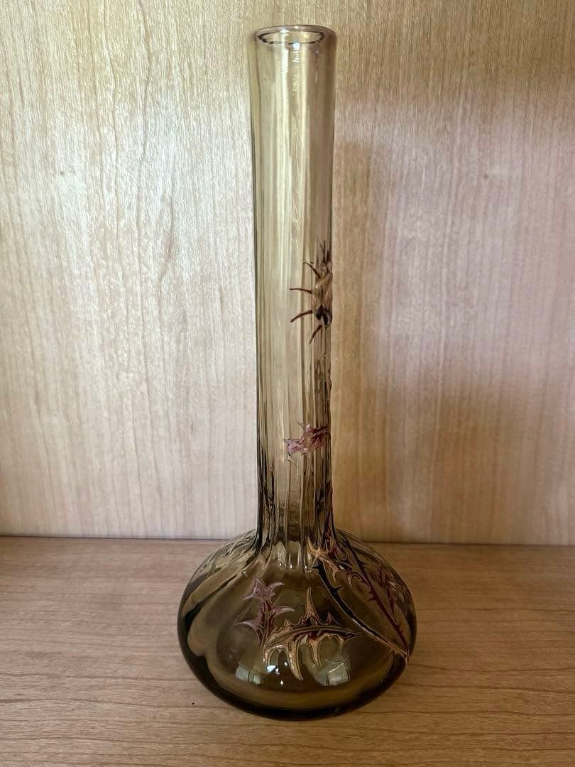 本物保証 エミール•ガレ エナメルガラス花瓶 約1890年 骨董 稀少品 共箱