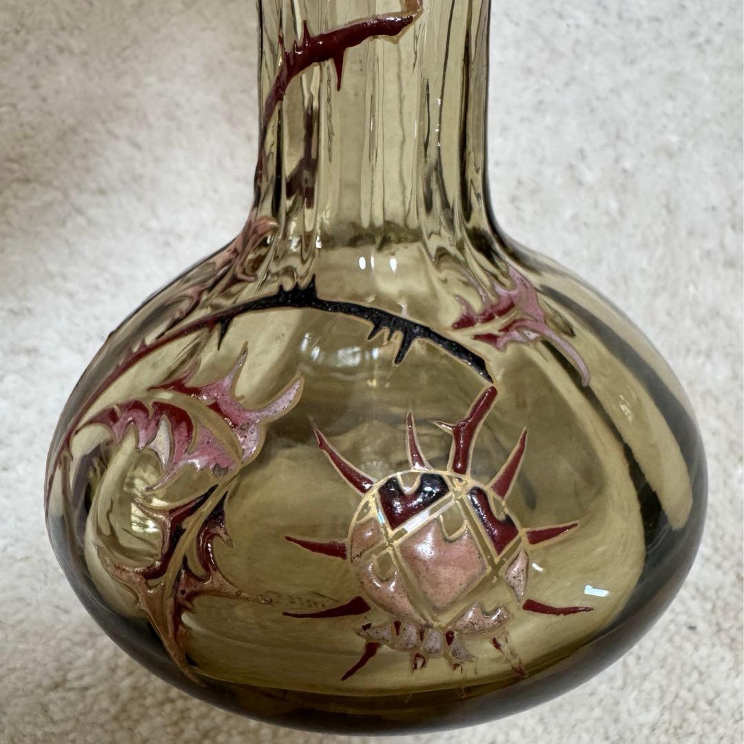 本物保証 エミール•ガレ エナメルガラス花瓶 約1890年 骨董 稀少品 共箱