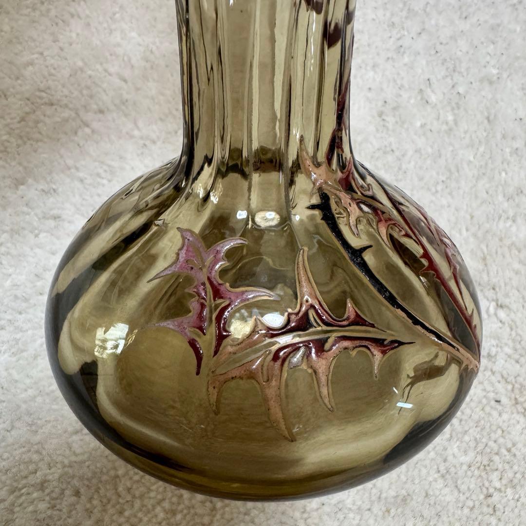 本物保証 エミール•ガレ エナメルガラス花瓶 約1890年 骨董 稀少品 共箱