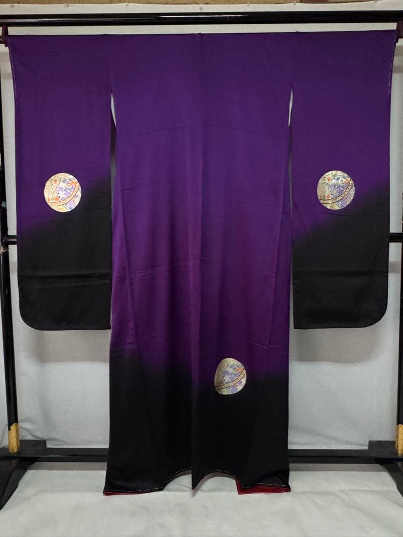 [美品] ヴィンテージ　振袖　成人式　手縫い　紫　黒　繻子　綸子　結婚式