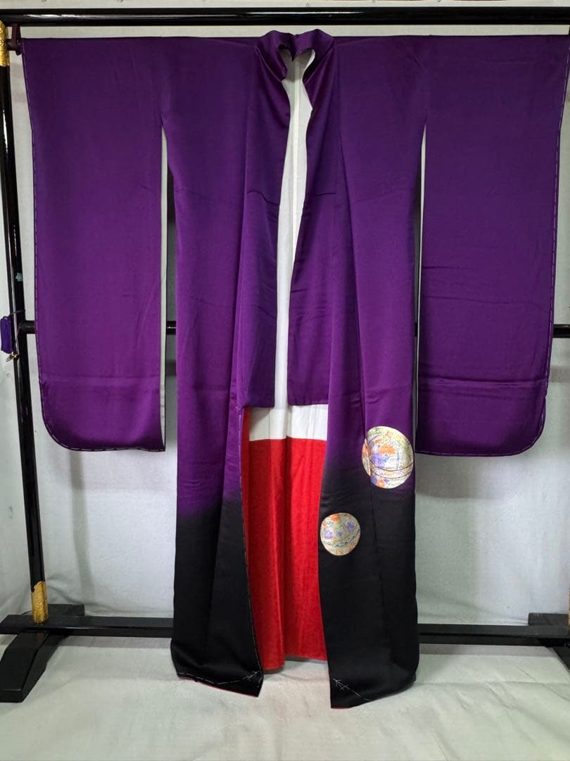 [美品] ヴィンテージ　振袖　成人式　手縫い　紫　黒　繻子　綸子　結婚式