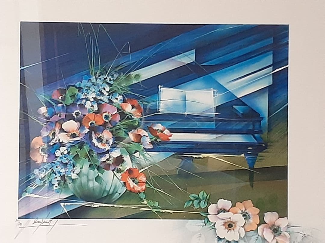 絵画　レイモン・プーレ リトグラフ　ピアノとブーケ