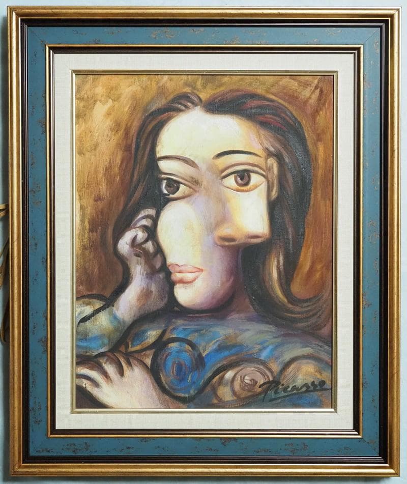 【値下げ】 油彩画 女性肖像 人物画　油絵　ピカソ　F6　額付き　手描き　肉筆