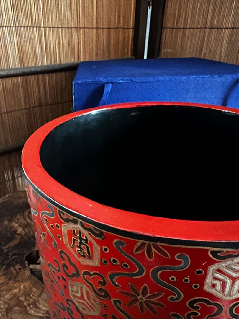 中国美術 時代 木/乾漆 朱塗り黒塗り 大筒/筒 共箱 処分価格