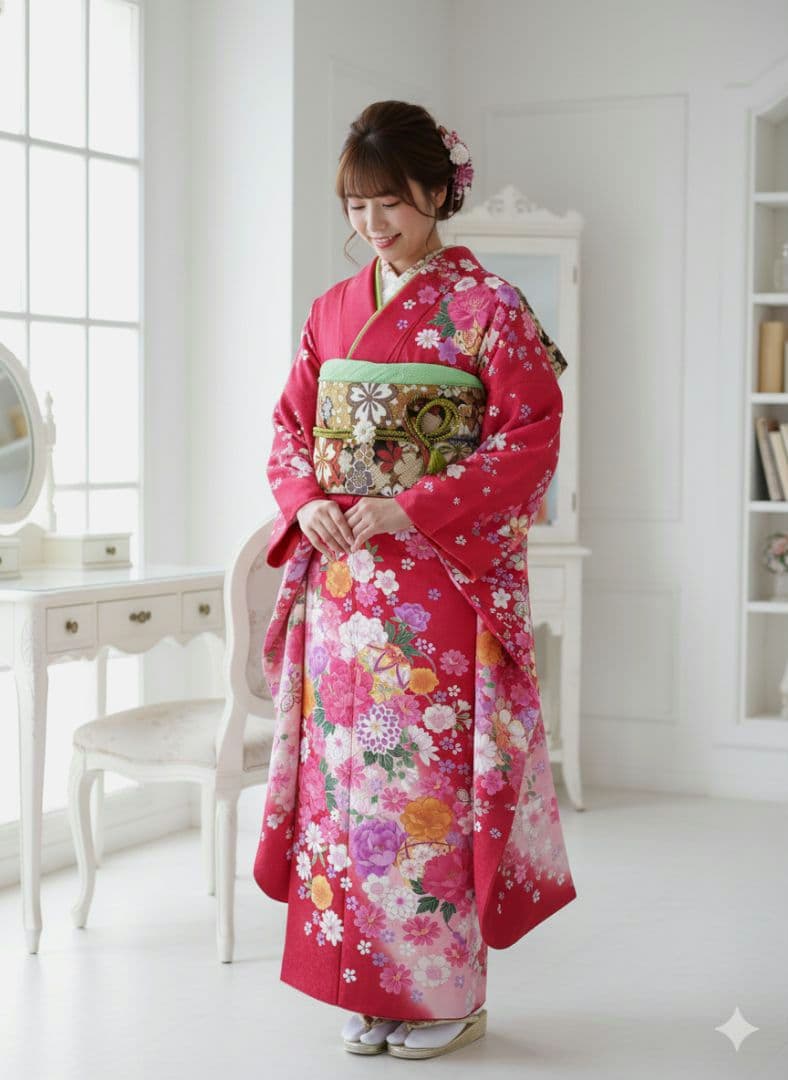 振袖フルセット　現代　華やか　やや小柄　正絹　金駒刺繍　赤　裄66