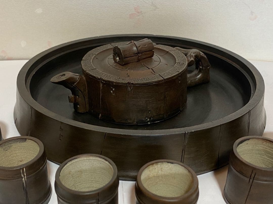 ♦中国？台湾 竹節形 茶道具1式 茶壺 茶碗 盆 急須 紫泥 煎茶道具 骨董品