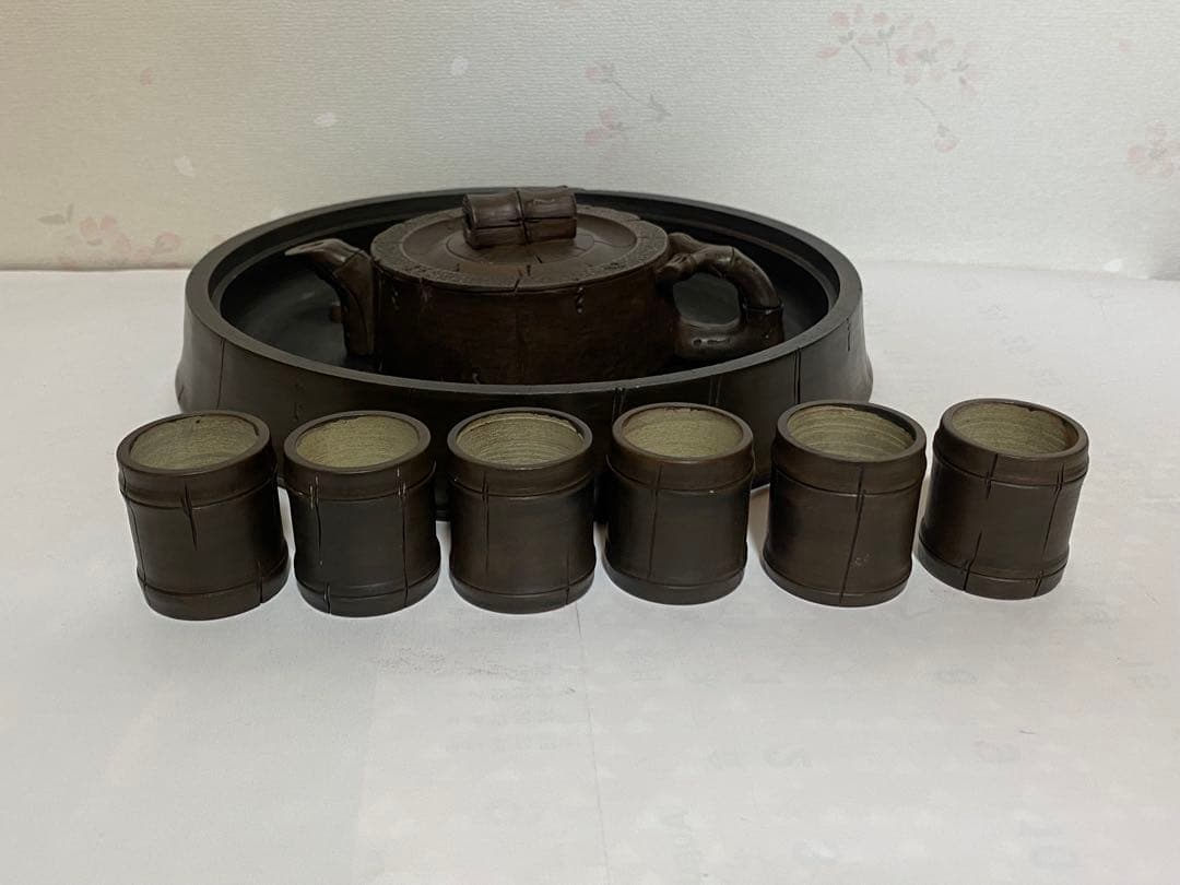 ♦中国？台湾 竹節形 茶道具1式 茶壺 茶碗 盆 急須 紫泥 煎茶道具 骨董品