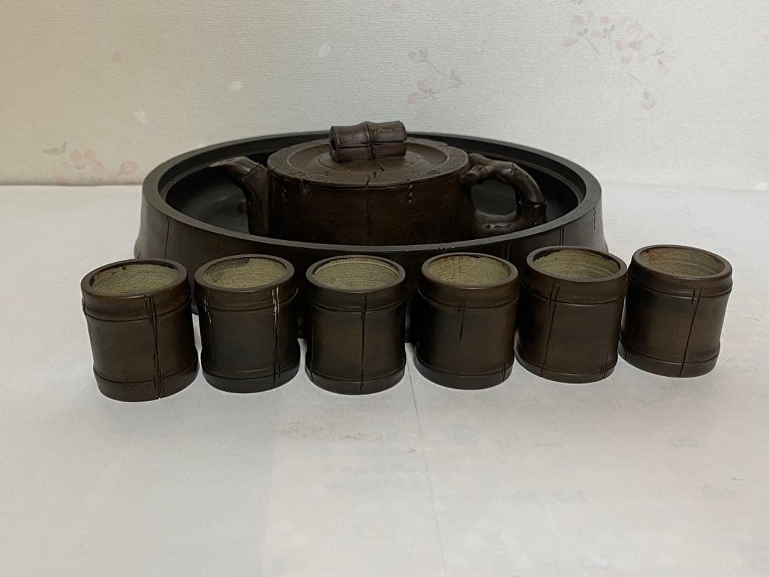 ♦中国？台湾 竹節形 茶道具1式 茶壺 茶碗 盆 急須 紫泥 煎茶道具 骨董品