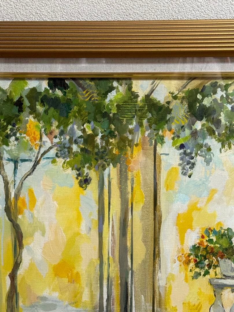 平野能子作　油彩絵　陽光のテラス　額装　示現会作品　F12号　送料込み0824