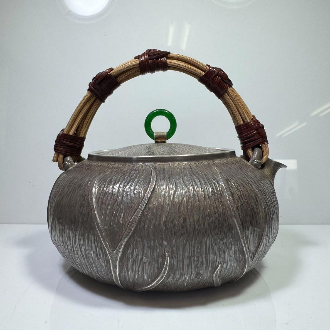 純銀製 薬缶 貴石摘 藤手 銀瓶 美術品 煎茶 純銀保証