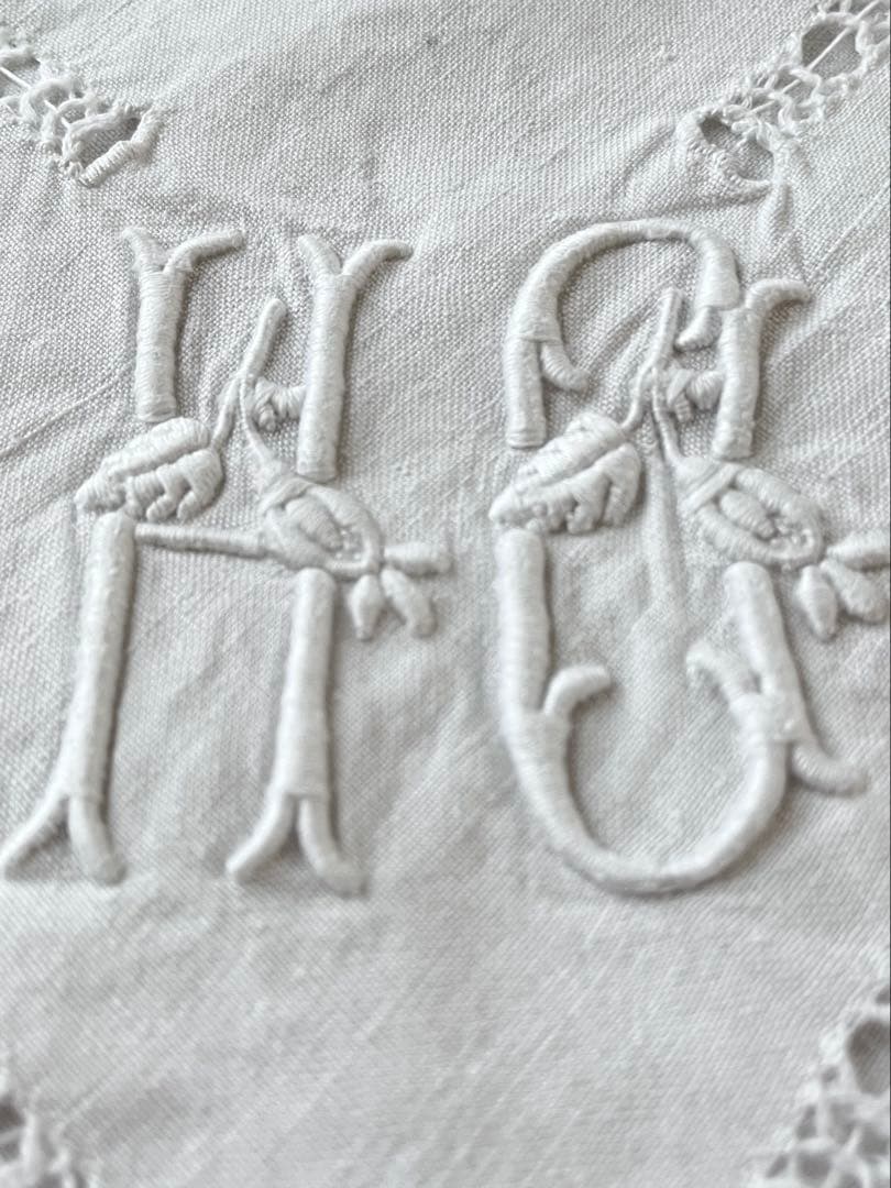 【美品】フランスアンティーク 天使と手刺繍OHモノグラムクッションカバー3151