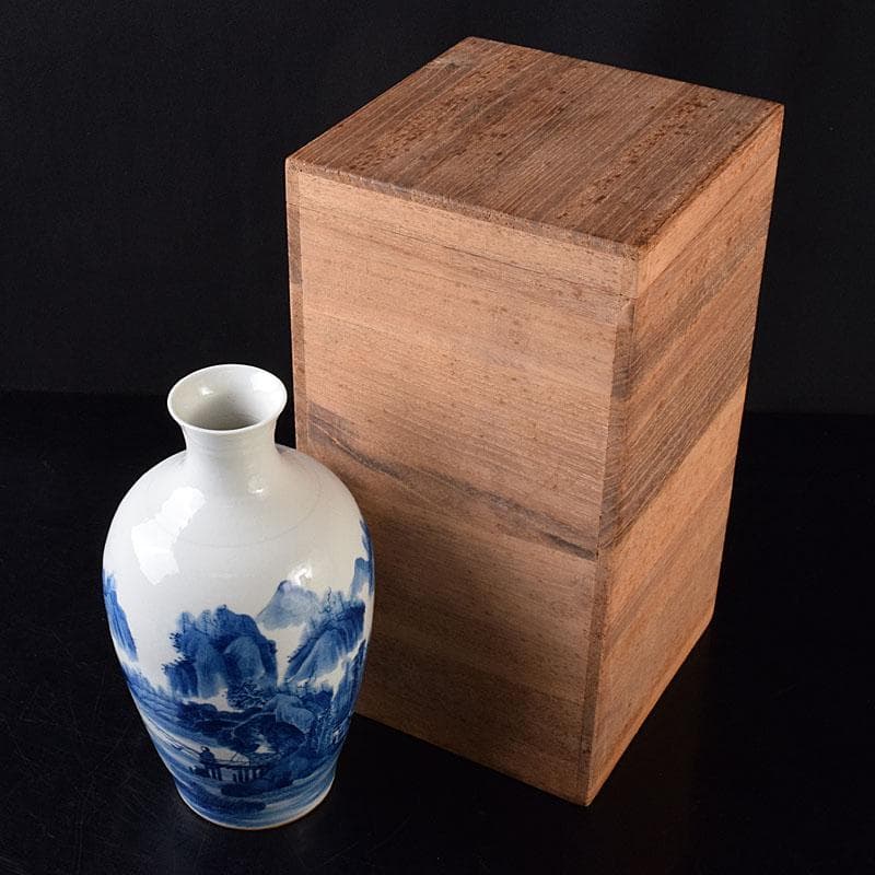 中国　大清康熙年製　青花　山水人物文　花瓶　壷　時代箱　M　R8748