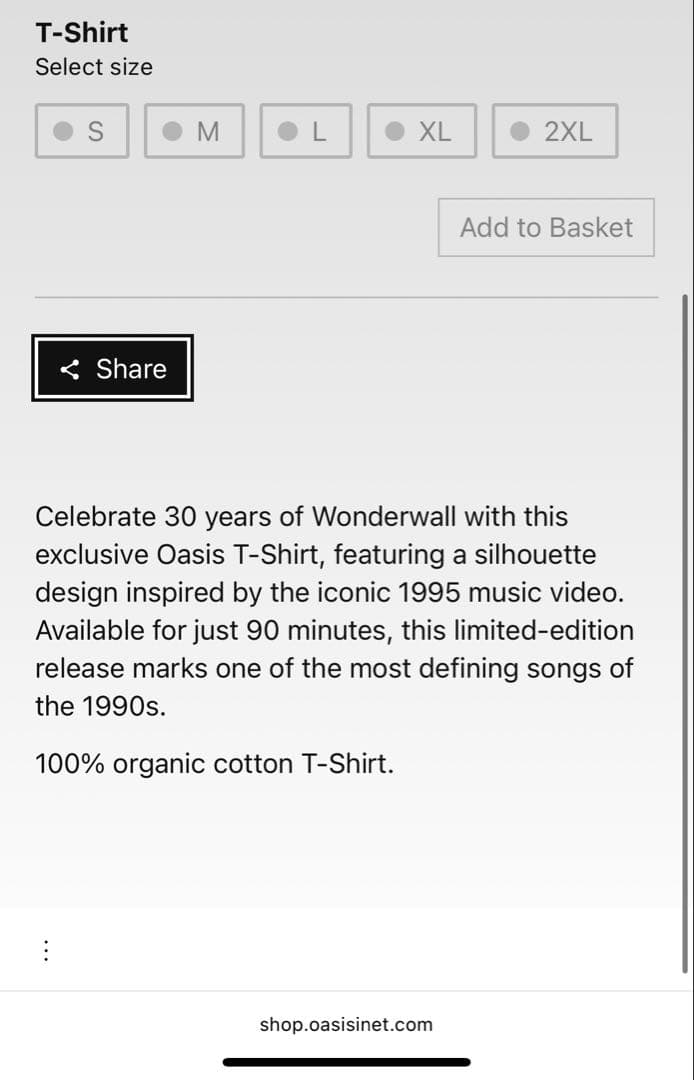 2XL oasis Wonderwall 90分間限定 Tシャツ オアシス