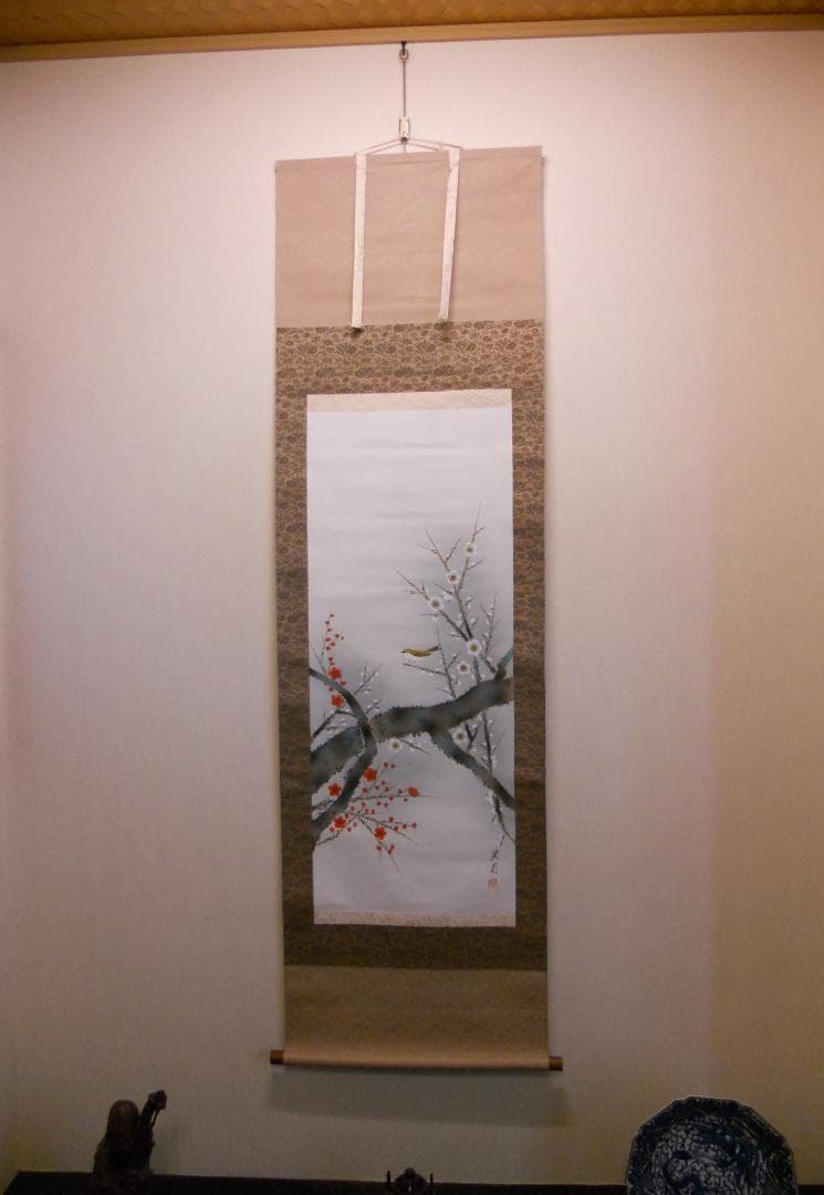 掛け軸 渓月 梅に鶯 絹本 希少 軸装 茶道具 掛軸 美品 です。