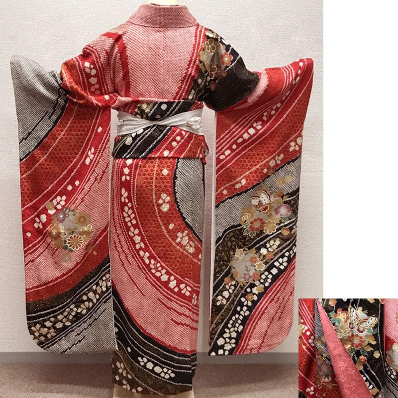 512aj42,袋帯,小物類◎振袖 部分絞り 花丸 成人式 十三参り 赤黒◎