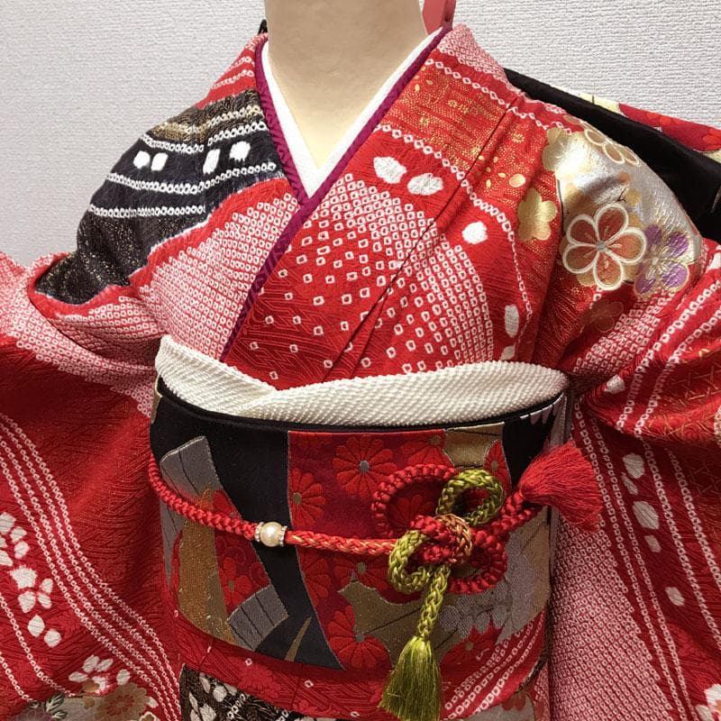 512aj42,袋帯,小物類◎振袖 部分絞り 花丸 成人式 十三参り 赤黒◎