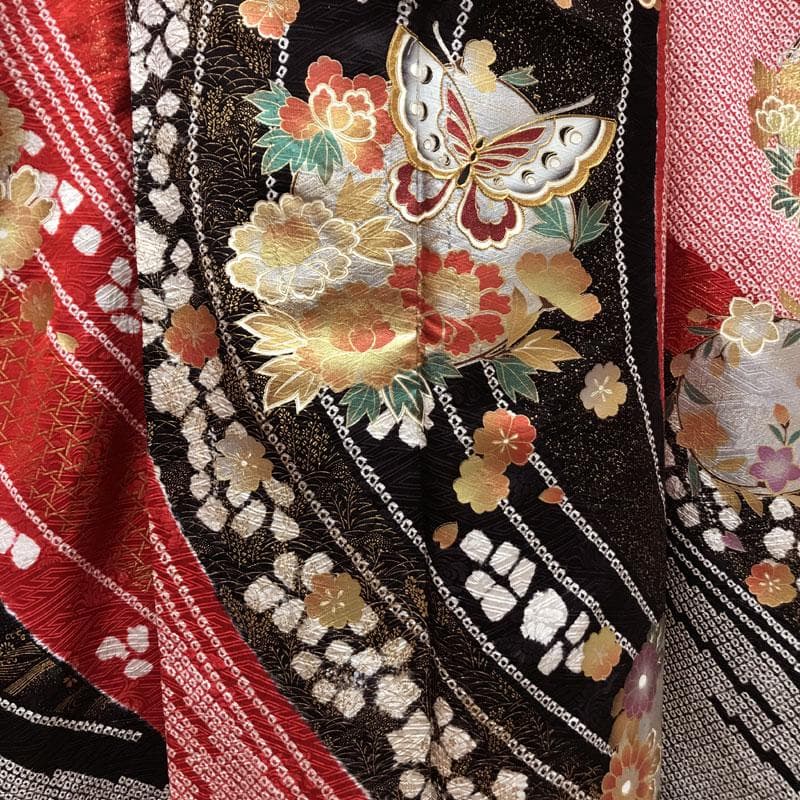 512aj42,袋帯,小物類◎振袖 部分絞り 花丸 成人式 十三参り 赤黒◎