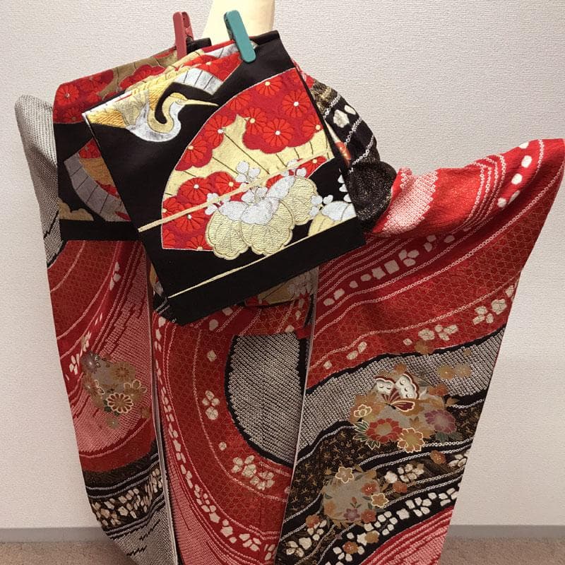 512aj42,袋帯,小物類◎振袖 部分絞り 花丸 成人式 十三参り 赤黒◎
