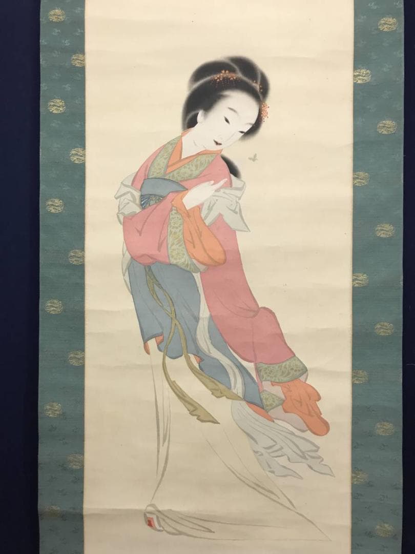 【真作】天斎/唐美人に蝶図/美人画/美人図/掛軸/名家伝来/AC-188