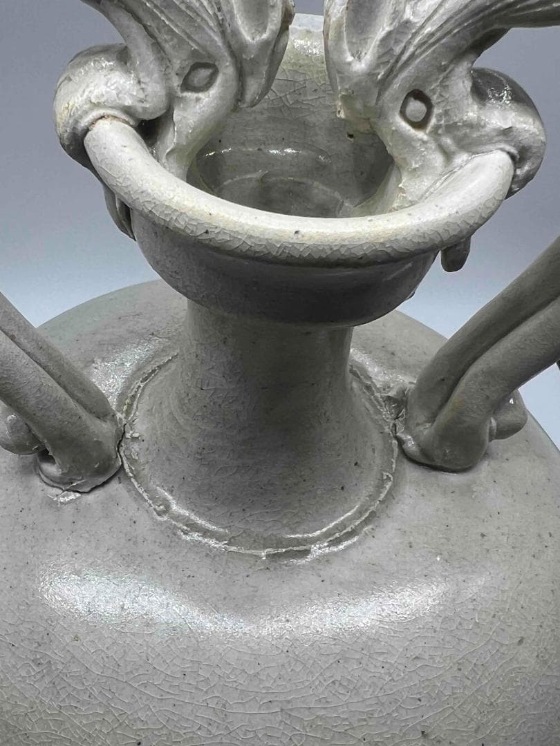 唐時代 白磁双龍耳大尊 巩県窯白瓷 【旧家旧蔵】　希少貴重　花入(B-68)