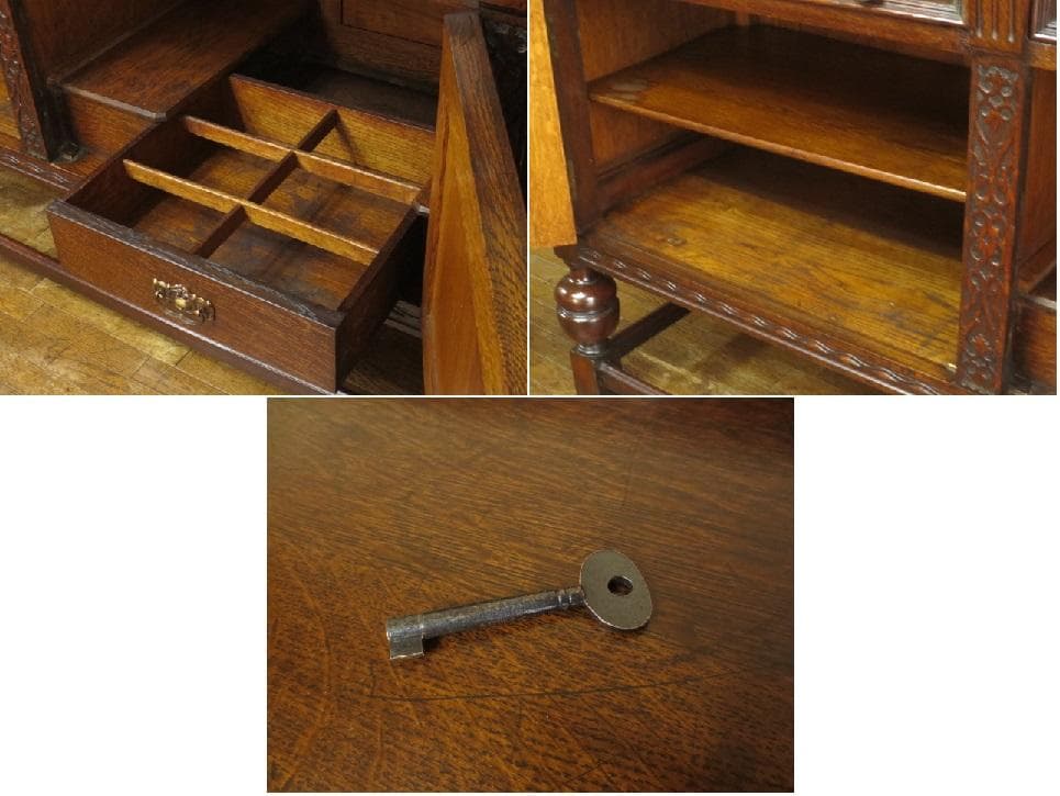 イギリス アンティーク オーク材 ブルボーズレッグ 彫刻 サイドボード 鍵付き