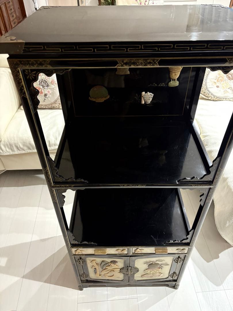 飾り棚 和製ビンテージ 花梨 カリン材 螺鈿 ラデン 象嵌 美しい 茶棚