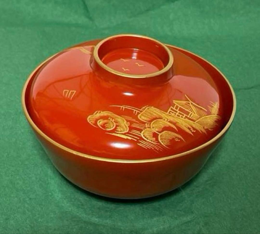 赤い漆器金彩蓋付き椀 5個セット紙箱付き