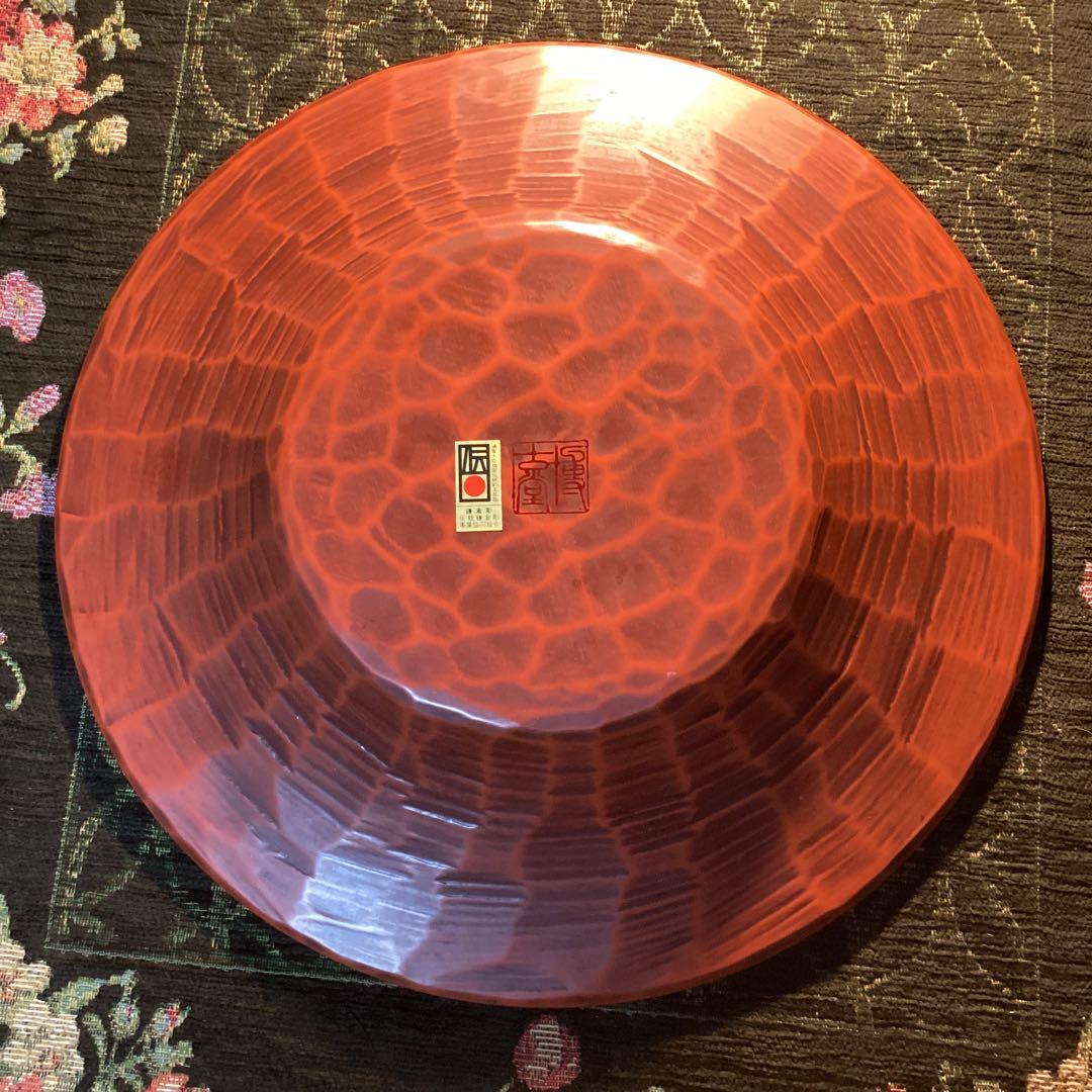 希少 鎌倉彫 博古堂　蓮花瓦紋様大皿　洗朱