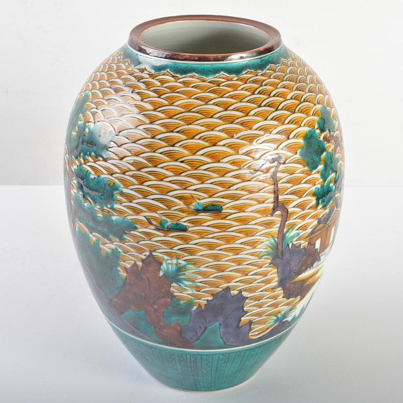 九谷焼　三代三ツ井為吉作　色絵山水紋　花生　共布共箱　M　R6752B