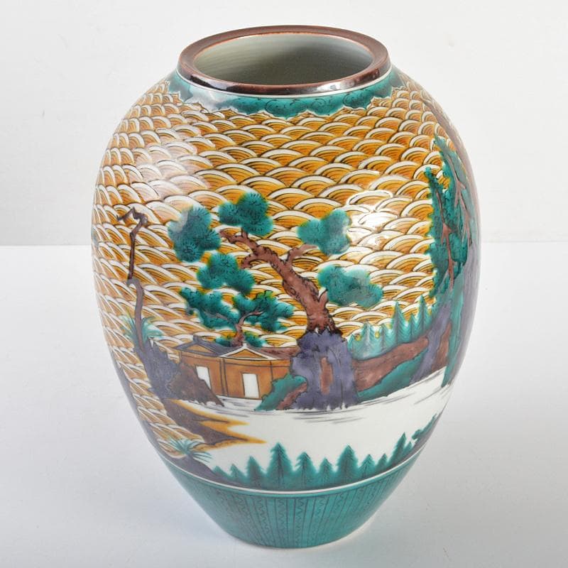 九谷焼　三代三ツ井為吉作　色絵山水紋　花生　共布共箱　M　R6752B