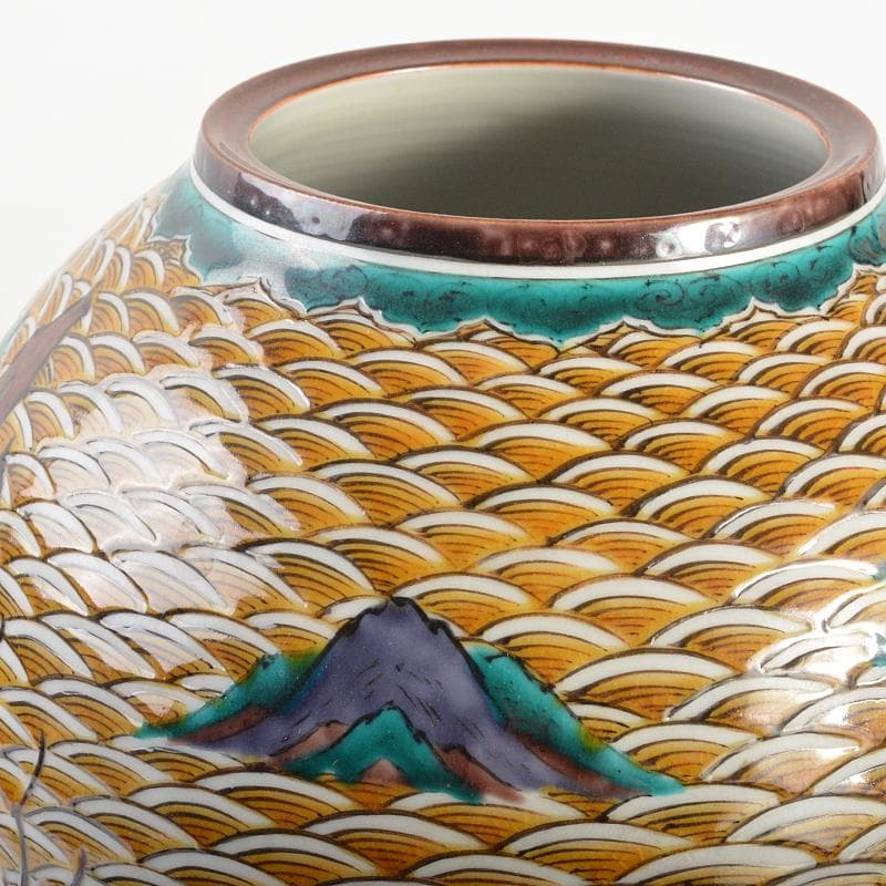 九谷焼　三代三ツ井為吉作　色絵山水紋　花生　共布共箱　M　R6752B