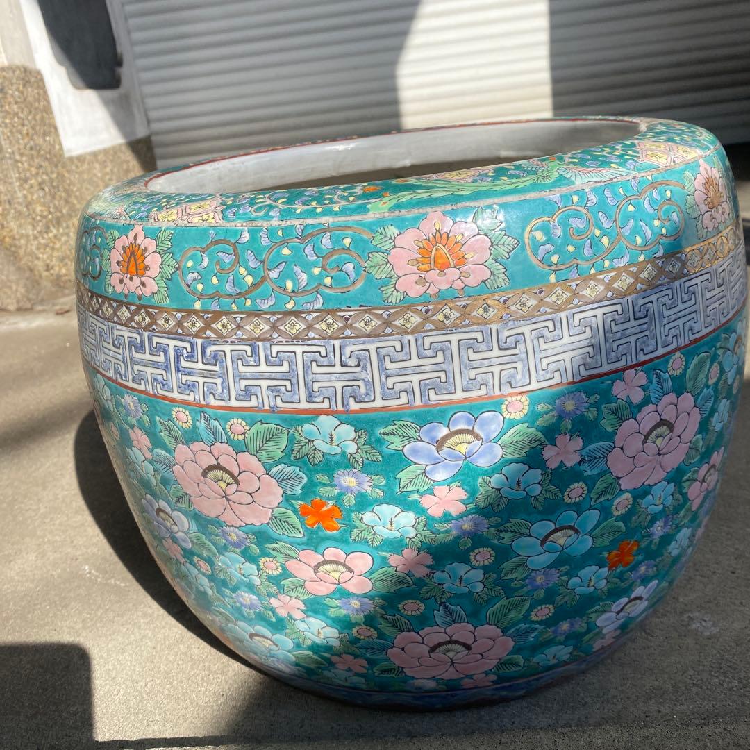 中国古玩　青系花柄陶器製水鉢37cm28cm