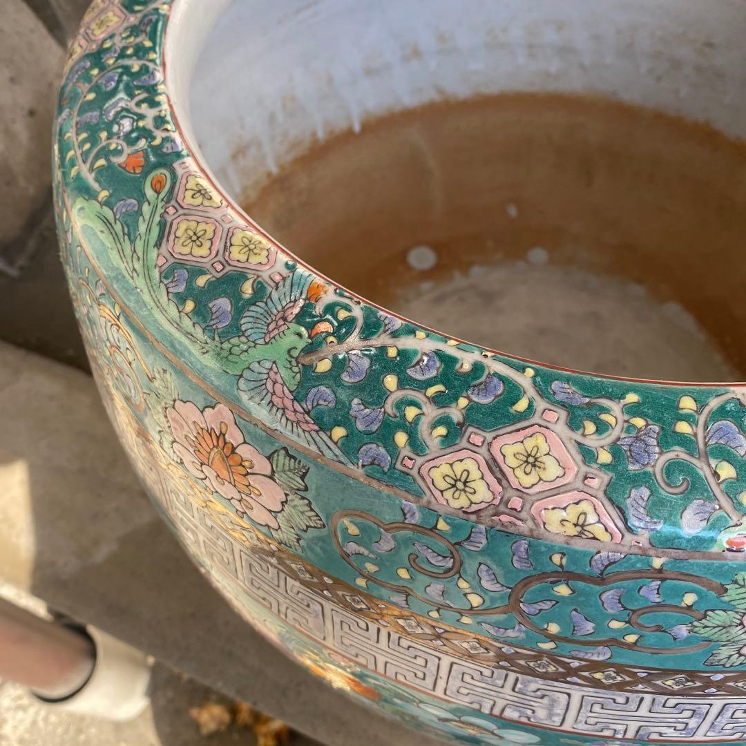 中国古玩　青系花柄陶器製水鉢37cm28cm