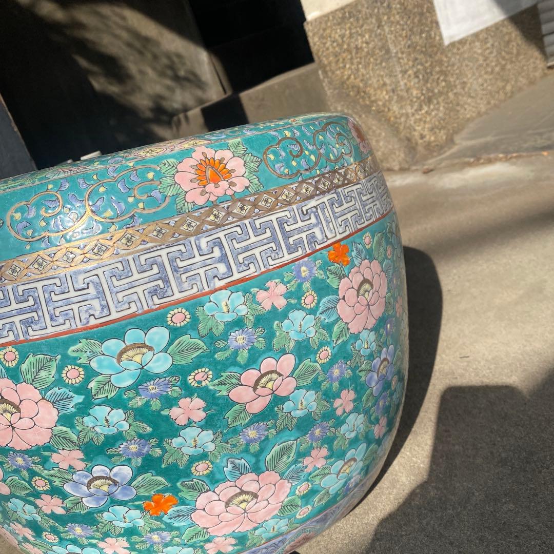 中国古玩　青系花柄陶器製水鉢37cm28cm