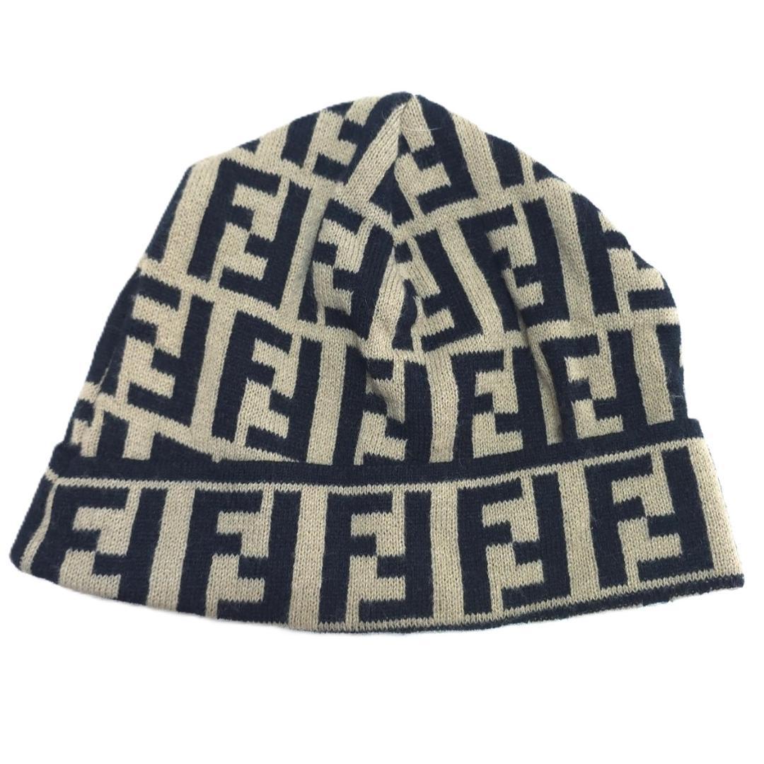 FENDI JEANS フェンディ ズッカ柄 ニット帽 ビーニー ベージュ×黒