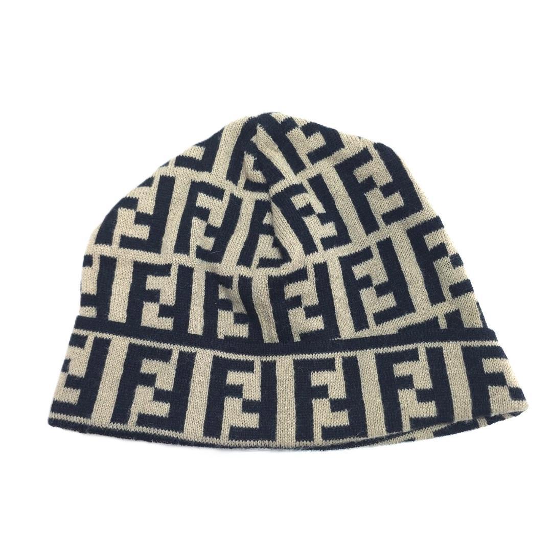 FENDI JEANS フェンディ ズッカ柄 ニット帽 ビーニー ベージュ×黒